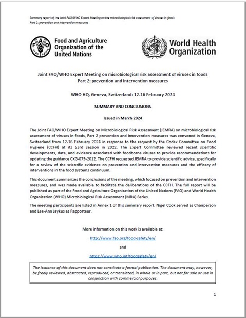 Joint FAO/WHO Expert Meeting on microbiological risk assessment of viruses in foods Part 2: prevention and intervention measures
